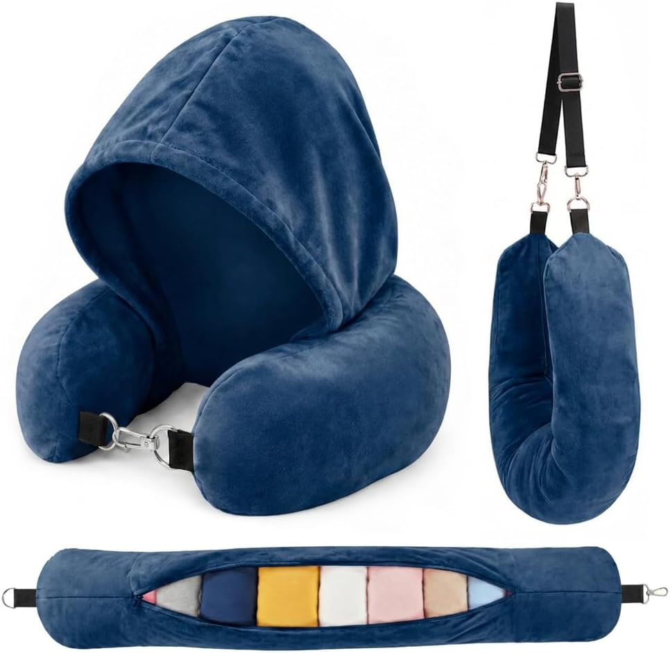 Stuffable Travel Neck Pillow with Hood, Soft Velvet Fabric,Black