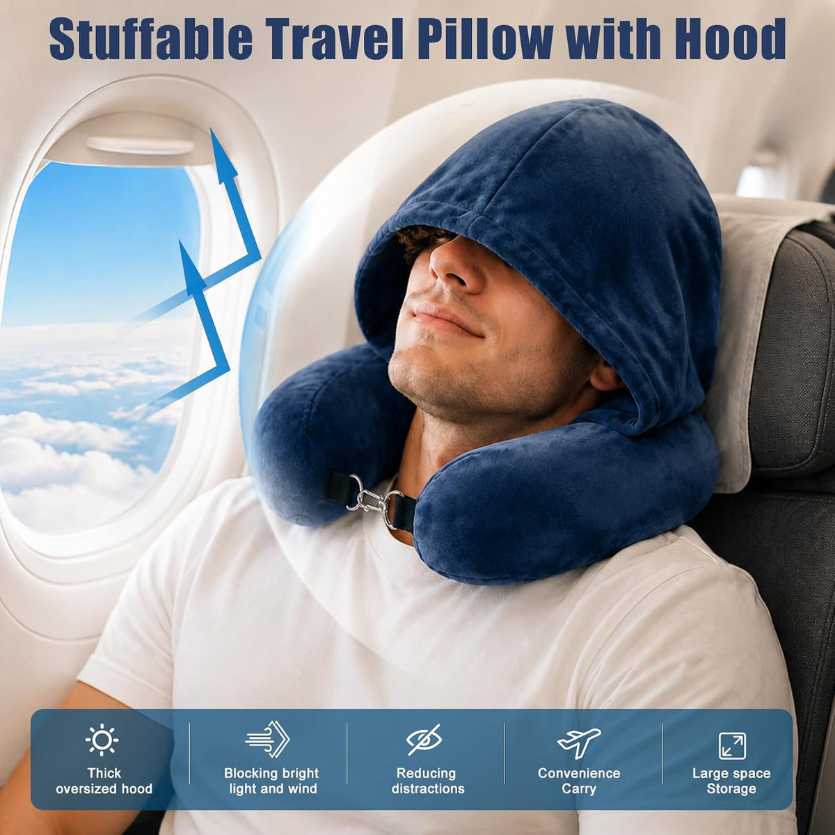Stuffable Travel Neck Pillow with Hood, Soft Velvet Fabric,Black