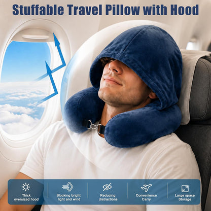 Stuffable Travel Neck Pillow with Hood, Soft Velvet Fabric,Black