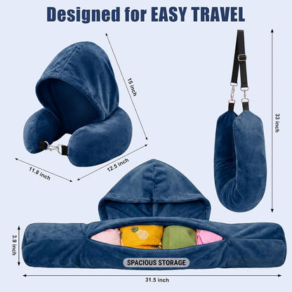 Stuffable Travel Neck Pillow with Hood, Soft Velvet Fabric,Black