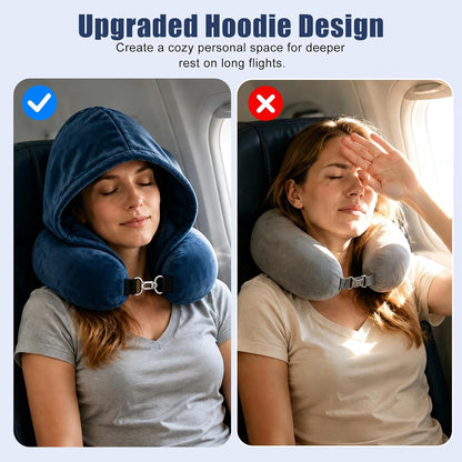 Stuffable Travel Neck Pillow with Hood, Soft Velvet Fabric,Black