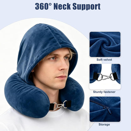 Stuffable Travel Neck Pillow with Hood, Soft Velvet Fabric,Black