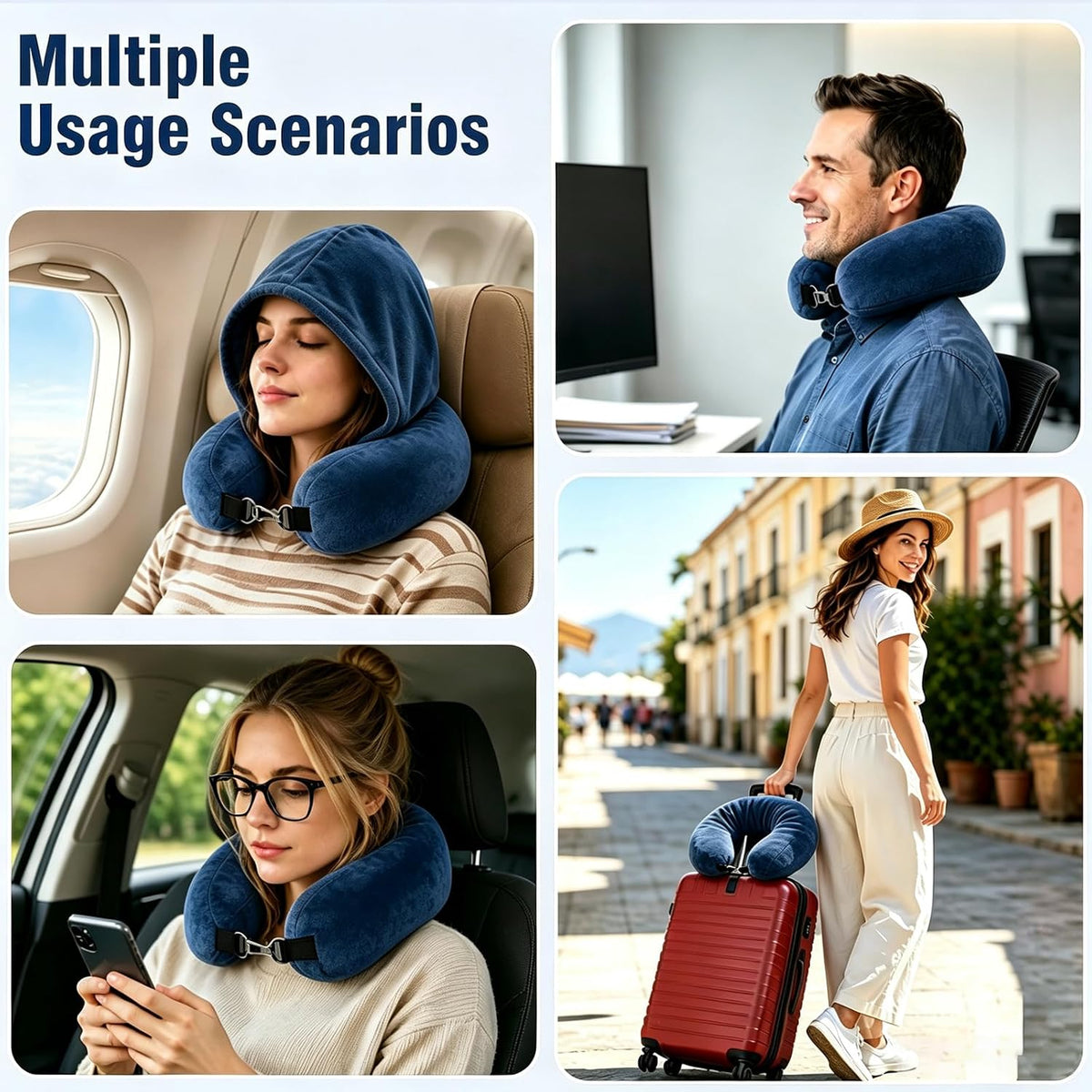 Stuffable Travel Neck Pillow with Hood, Soft Velvet Fabric,Black