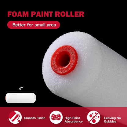 4" Foam Paint Roller Covers 10-Pack, 50kg/m³ High Density - Washable & Reusable for Smooth Finish on Furniture, Cabinets, DIY Projects
