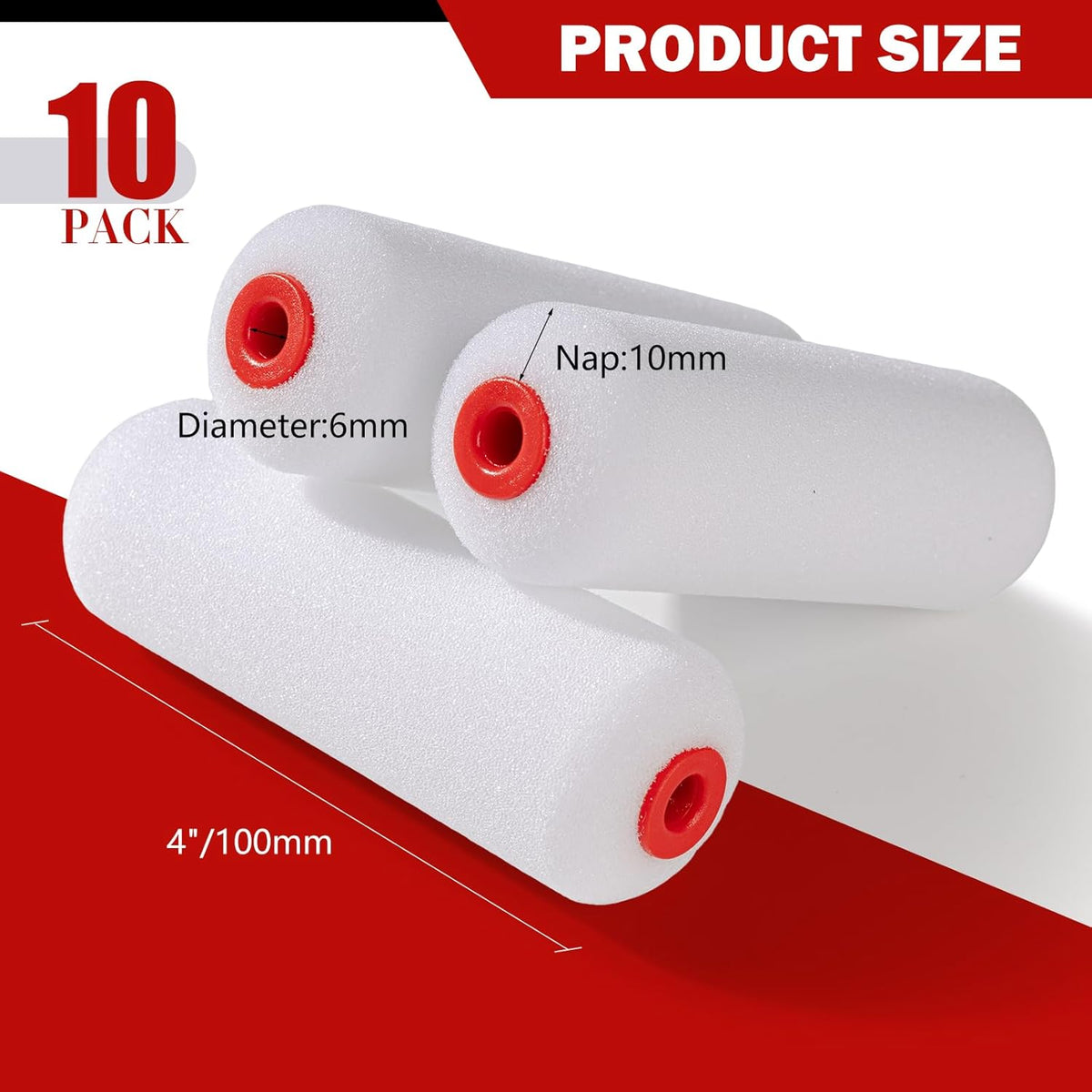 4" Foam Paint Roller Covers 10-Pack, 50kg/m³ High Density - Washable & Reusable for Smooth Finish on Furniture, Cabinets, DIY Projects