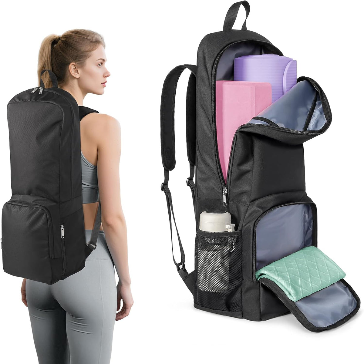 Yoga Mat Bag Carrier Zipper Closure Multi Functional Essential Pockets Exercise Yoga Mat Holder Backpack
