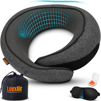 ™ Hooded Pro Travel Pillow - Memory Foam Neck Support Pillow for Airplane, Flight - Super-Soft Pure Cotton Fabric, Maximum Privacy & Light-Block Design, Lightweight Full Travel Kit - Dark Grey