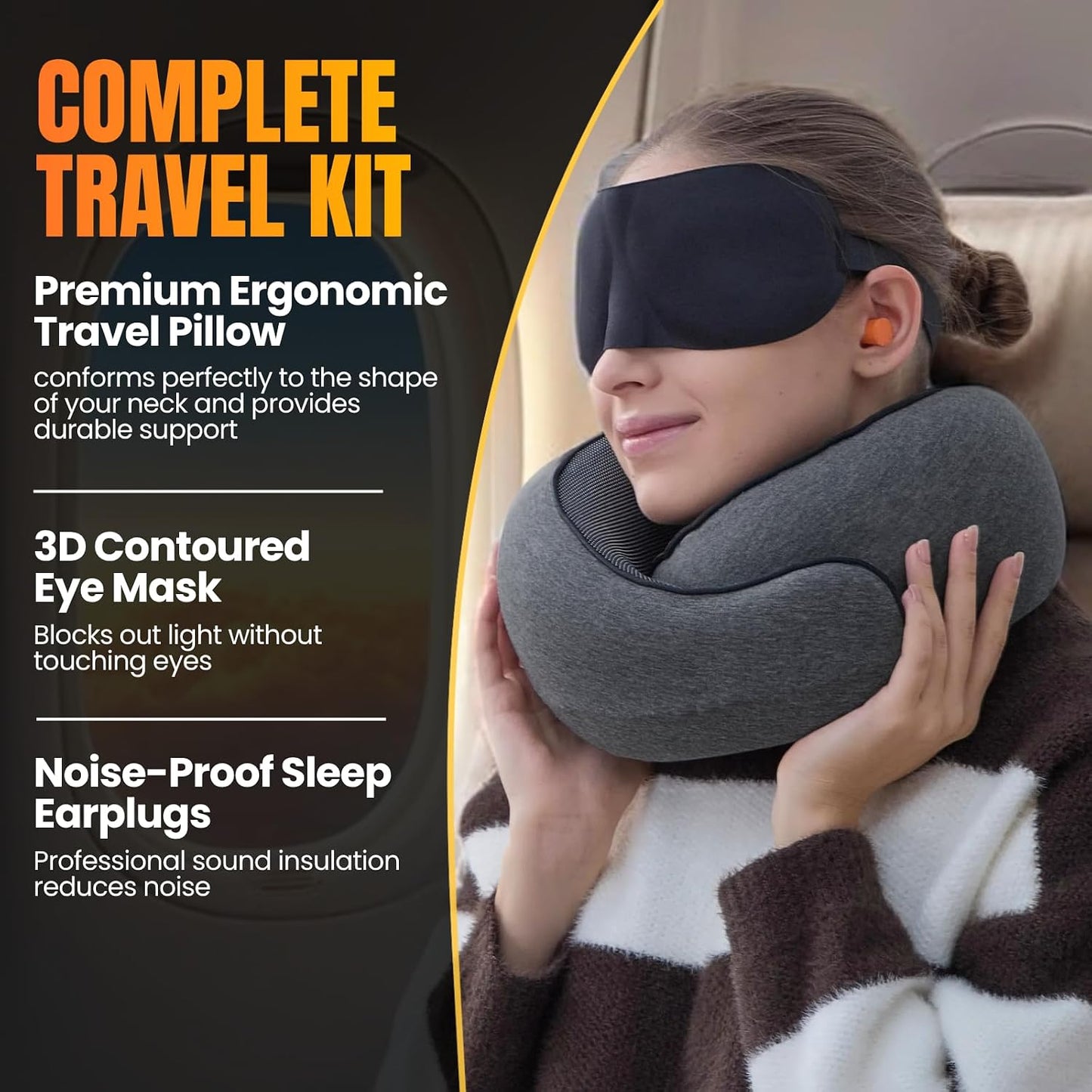 ™ Hooded Pro Travel Pillow - Memory Foam Neck Support Pillow for Airplane, Flight - Super-Soft Pure Cotton Fabric, Maximum Privacy & Light-Block Design, Lightweight Full Travel Kit - Dark Grey