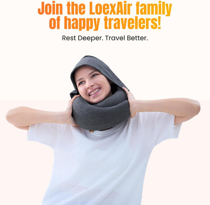 ™ Hooded Pro Travel Pillow - Memory Foam Neck Support Pillow for Airplane, Flight - Super-Soft Pure Cotton Fabric, Maximum Privacy & Light-Block Design, Lightweight Full Travel Kit - Dark Grey