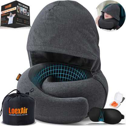 ™ Hooded Pro Travel Pillow - Memory Foam Neck Support Pillow for Airplane, Flight - Super-Soft Pure Cotton Fabric, Maximum Privacy & Light-Block Design, Lightweight Full Travel Kit - Dark Grey