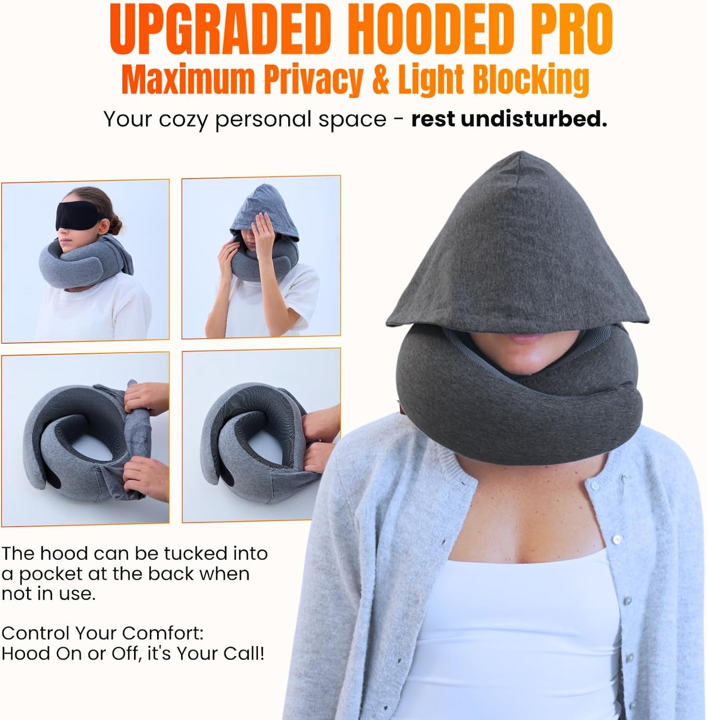 ™ Hooded Pro Travel Pillow - Memory Foam Neck Support Pillow for Airplane, Flight - Super-Soft Pure Cotton Fabric, Maximum Privacy & Light-Block Design, Lightweight Full Travel Kit - Dark Grey