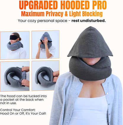 ™ Hooded Pro Travel Pillow - Memory Foam Neck Support Pillow for Airplane, Flight - Super-Soft Pure Cotton Fabric, Maximum Privacy & Light-Block Design, Lightweight Full Travel Kit - Dark Grey
