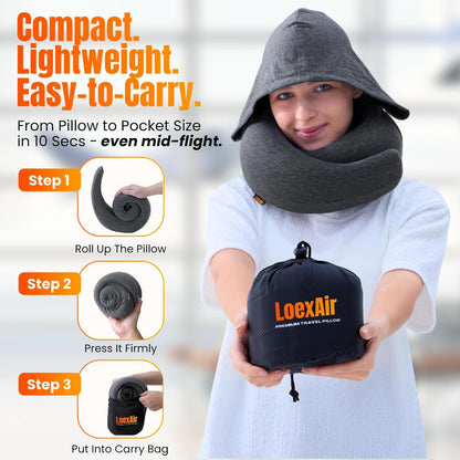 ™ Hooded Pro Travel Pillow - Memory Foam Neck Support Pillow for Airplane, Flight - Super-Soft Pure Cotton Fabric, Maximum Privacy & Light-Block Design, Lightweight Full Travel Kit - Dark Grey
