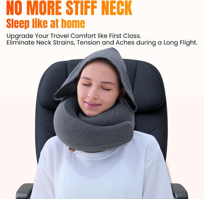 ™ Hooded Pro Travel Pillow - Memory Foam Neck Support Pillow for Airplane, Flight - Super-Soft Pure Cotton Fabric, Maximum Privacy & Light-Block Design, Lightweight Full Travel Kit - Dark Grey