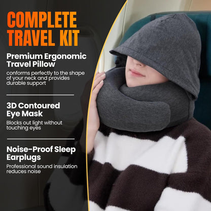 ™ Hooded Pro Travel Pillow - Memory Foam Neck Support Pillow for Airplane, Flight - Super-Soft Pure Cotton Fabric, Maximum Privacy & Light-Block Design, Lightweight Full Travel Kit - Dark Grey