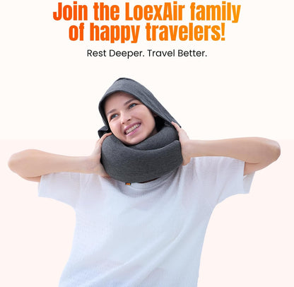 ™ Hooded Pro Travel Pillow - Memory Foam Neck Support Pillow for Airplane, Flight - Super-Soft Pure Cotton Fabric, Maximum Privacy & Light-Block Design, Lightweight Full Travel Kit - Dark Grey