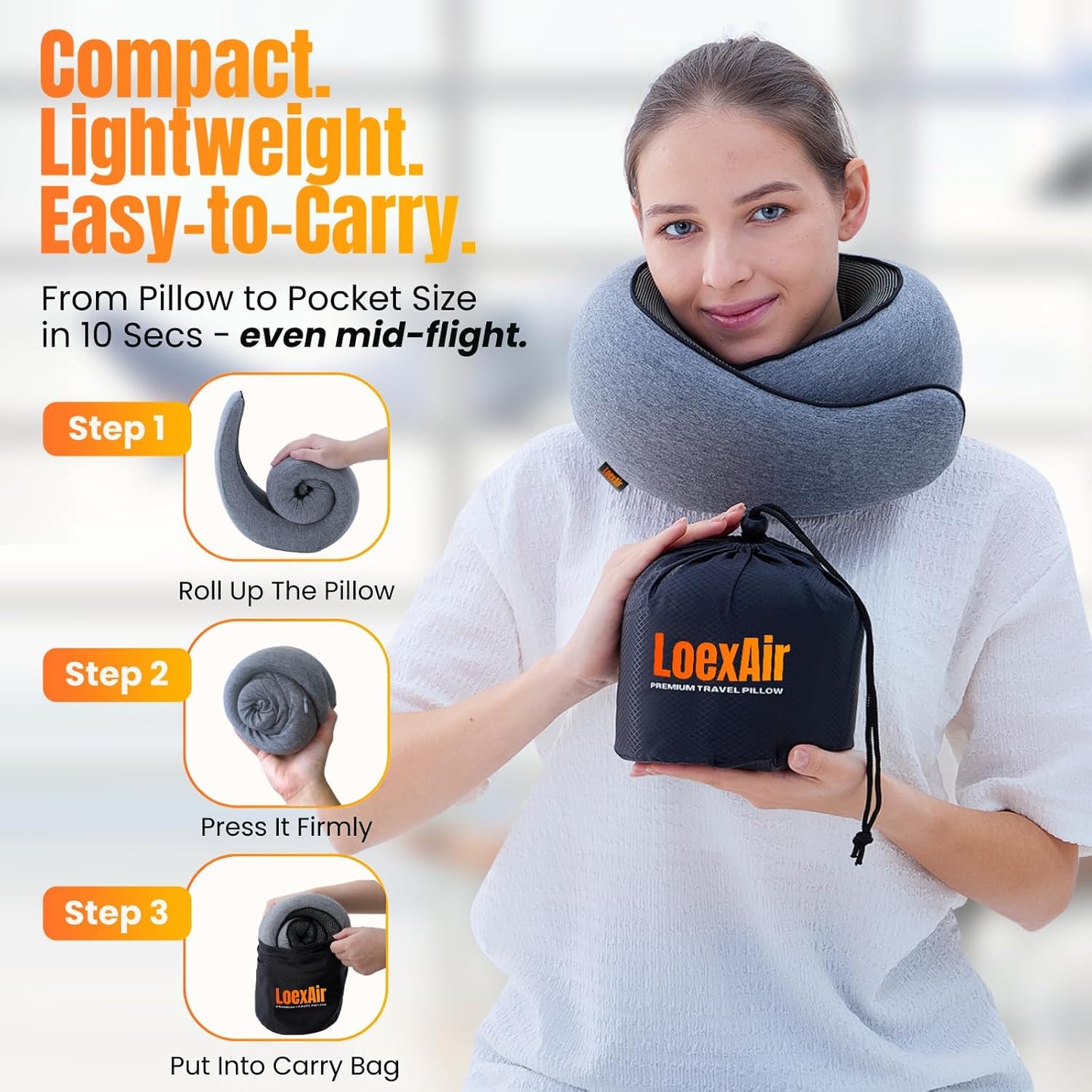 ™ Hooded Pro Travel Pillow - Memory Foam Neck Support Pillow for Airplane, Flight - Super-Soft Pure Cotton Fabric, Maximum Privacy & Light-Block Design, Lightweight Full Travel Kit - Dark Grey