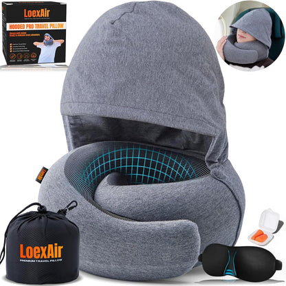 ™ Hooded Pro Travel Pillow - Memory Foam Neck Support Pillow for Airplane, Flight - Super-Soft Pure Cotton Fabric, Maximum Privacy & Light-Block Design, Lightweight Full Travel Kit - Dark Grey