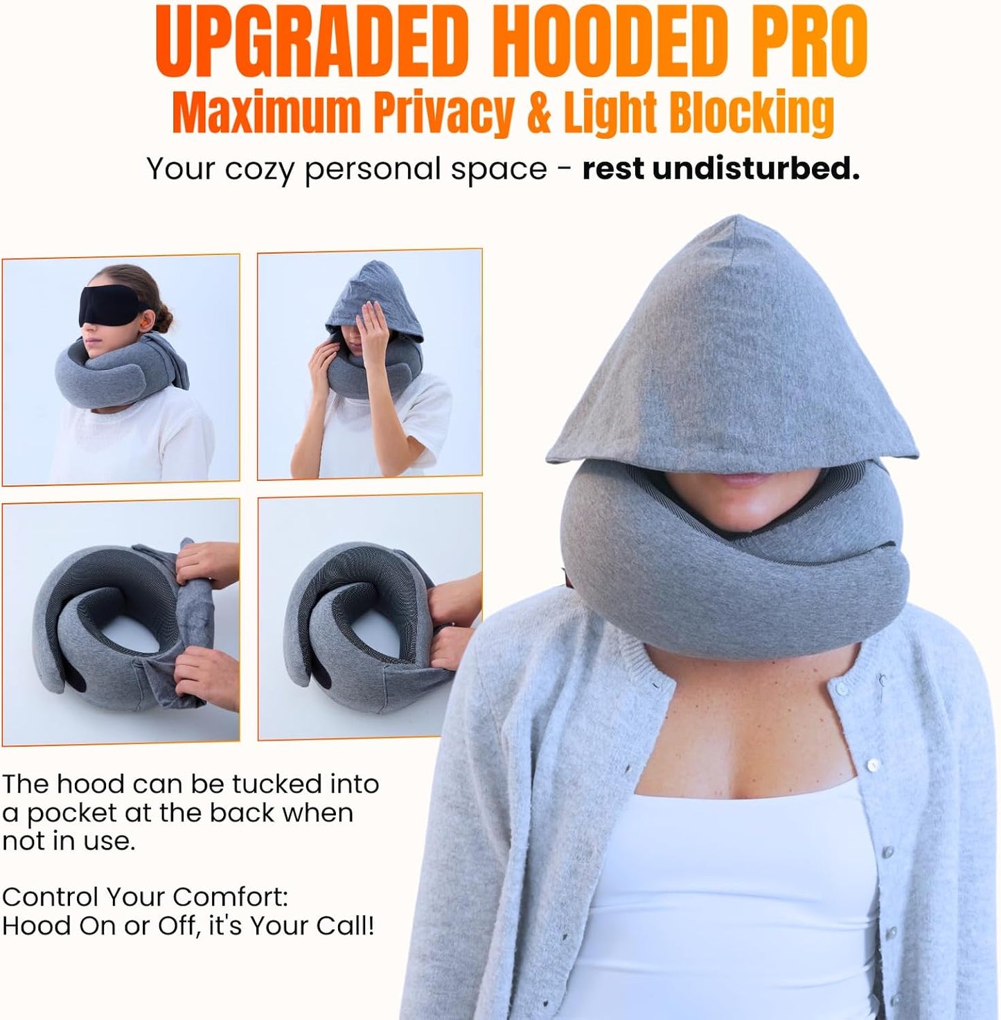 ™ Hooded Pro Travel Pillow - Memory Foam Neck Support Pillow for Airplane, Flight - Super-Soft Pure Cotton Fabric, Maximum Privacy & Light-Block Design, Lightweight Full Travel Kit - Dark Grey