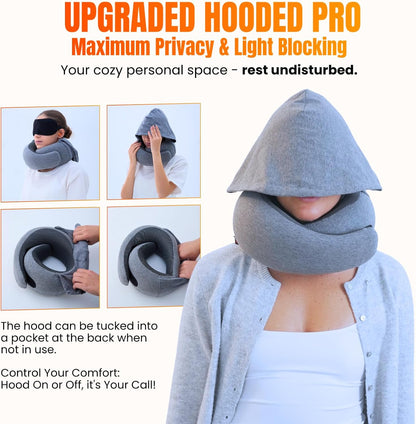™ Hooded Pro Travel Pillow - Memory Foam Neck Support Pillow for Airplane, Flight - Super-Soft Pure Cotton Fabric, Maximum Privacy & Light-Block Design, Lightweight Full Travel Kit - Dark Grey