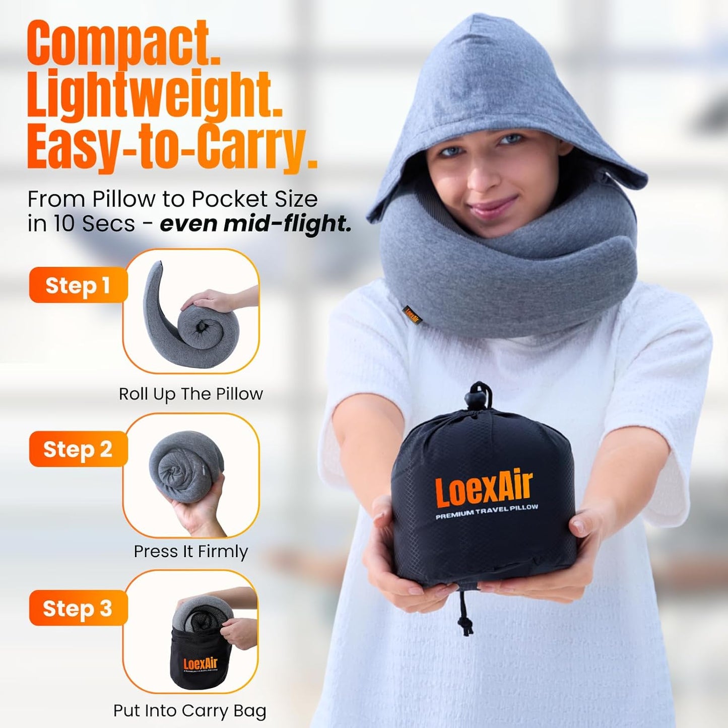 ™ Hooded Pro Travel Pillow - Memory Foam Neck Support Pillow for Airplane, Flight - Super-Soft Pure Cotton Fabric, Maximum Privacy & Light-Block Design, Lightweight Full Travel Kit - Dark Grey