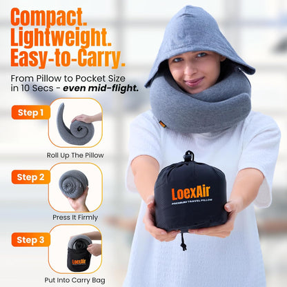 ™ Hooded Pro Travel Pillow - Memory Foam Neck Support Pillow for Airplane, Flight - Super-Soft Pure Cotton Fabric, Maximum Privacy & Light-Block Design, Lightweight Full Travel Kit - Dark Grey