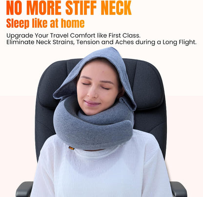 ™ Hooded Pro Travel Pillow - Memory Foam Neck Support Pillow for Airplane, Flight - Super-Soft Pure Cotton Fabric, Maximum Privacy & Light-Block Design, Lightweight Full Travel Kit - Dark Grey