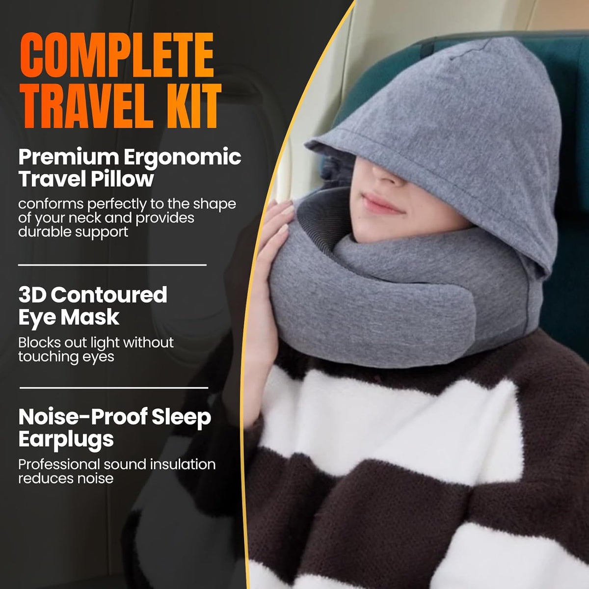 ™ Hooded Pro Travel Pillow - Memory Foam Neck Support Pillow for Airplane, Flight - Super-Soft Pure Cotton Fabric, Maximum Privacy & Light-Block Design, Lightweight Full Travel Kit - Dark Grey