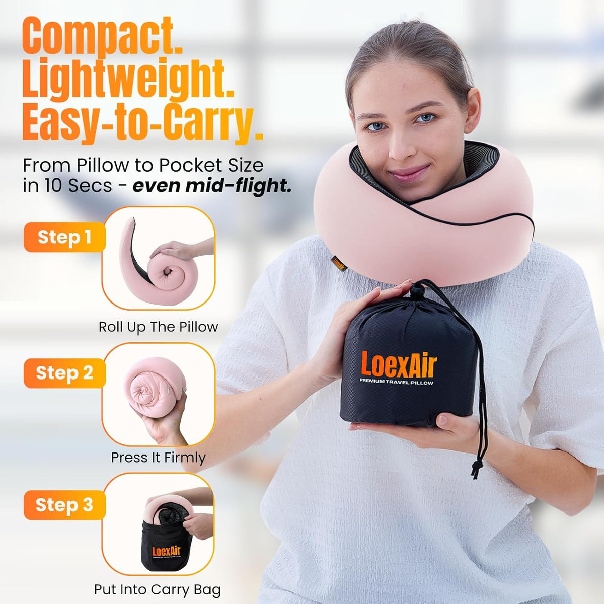 ™ Hooded Pro Travel Pillow - Memory Foam Neck Support Pillow for Airplane, Flight - Super-Soft Pure Cotton Fabric, Maximum Privacy & Light-Block Design, Lightweight Full Travel Kit - Dark Grey