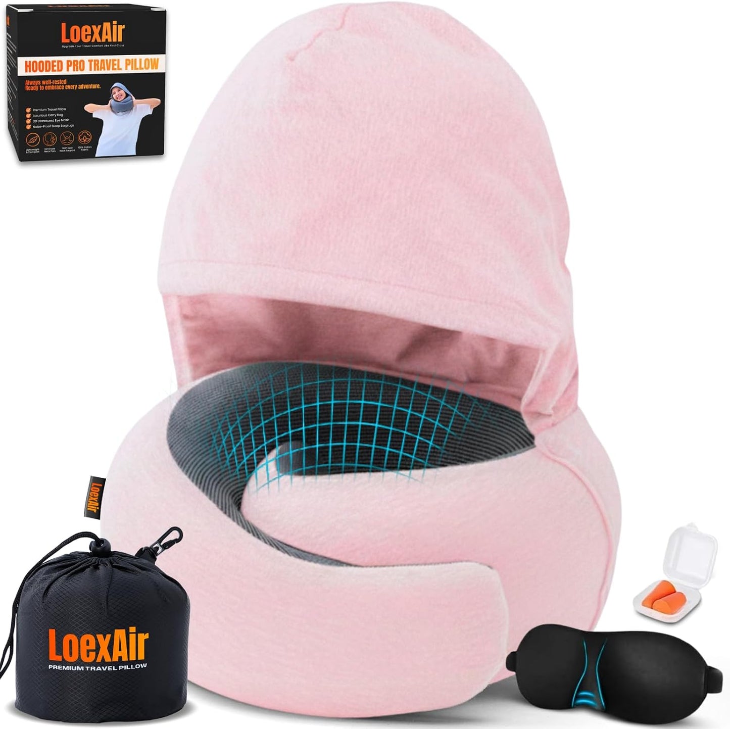 ™ Hooded Pro Travel Pillow - Memory Foam Neck Support Pillow for Airplane, Flight - Super-Soft Pure Cotton Fabric, Maximum Privacy & Light-Block Design, Lightweight Full Travel Kit - Dark Grey