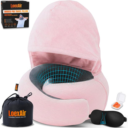 ™ Hooded Pro Travel Pillow - Memory Foam Neck Support Pillow for Airplane, Flight - Super-Soft Pure Cotton Fabric, Maximum Privacy & Light-Block Design, Lightweight Full Travel Kit - Dark Grey