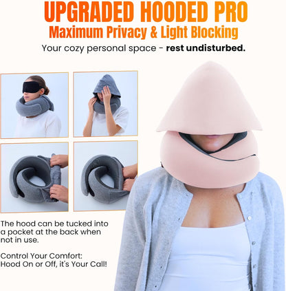 ™ Hooded Pro Travel Pillow - Memory Foam Neck Support Pillow for Airplane, Flight - Super-Soft Pure Cotton Fabric, Maximum Privacy & Light-Block Design, Lightweight Full Travel Kit - Dark Grey