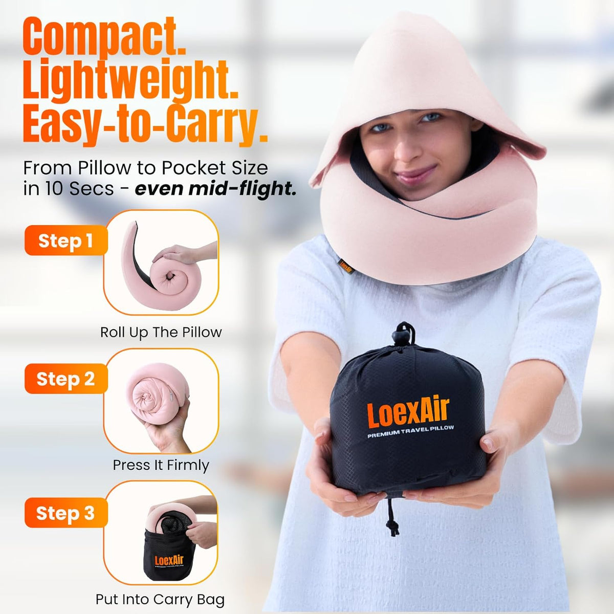 ™ Hooded Pro Travel Pillow - Memory Foam Neck Support Pillow for Airplane, Flight - Super-Soft Pure Cotton Fabric, Maximum Privacy & Light-Block Design, Lightweight Full Travel Kit - Dark Grey