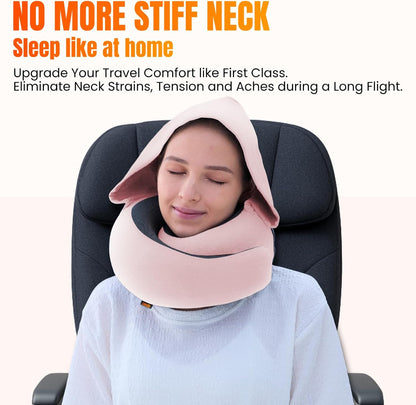 ™ Hooded Pro Travel Pillow - Memory Foam Neck Support Pillow for Airplane, Flight - Super-Soft Pure Cotton Fabric, Maximum Privacy & Light-Block Design, Lightweight Full Travel Kit - Dark Grey