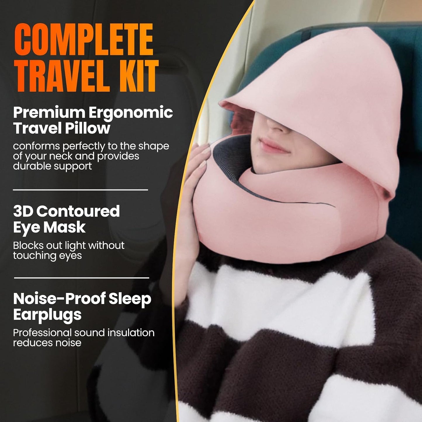 ™ Hooded Pro Travel Pillow - Memory Foam Neck Support Pillow for Airplane, Flight - Super-Soft Pure Cotton Fabric, Maximum Privacy & Light-Block Design, Lightweight Full Travel Kit - Dark Grey