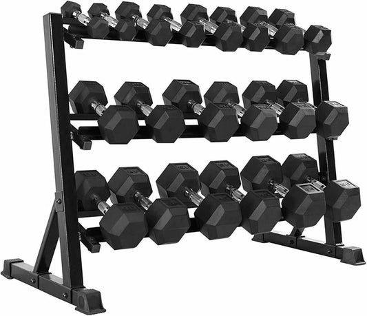 Rubber Coated Hex Dumbbell Set with Rack | Hex Rubber Coated Dumbbells Weight Range 5-50 Lbs Available in 350LB 450LB 550LB Capacity Sets for Strength Training