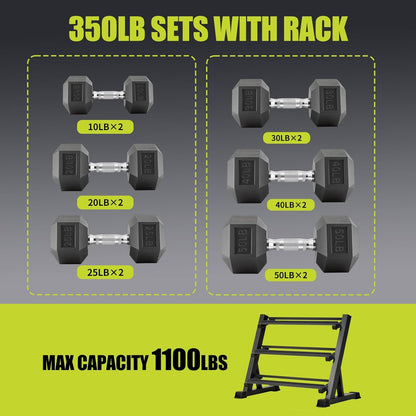 Rubber Coated Hex Dumbbell Set with Rack | Hex Rubber Coated Dumbbells Weight Range 5-50 Lbs Available in 350LB 450LB 550LB Capacity Sets for Strength Training