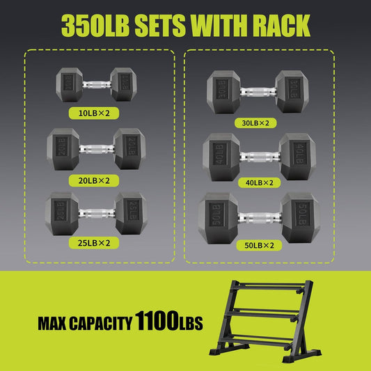 Rubber Coated Hex Dumbbell Set with Rack | Hex Rubber Coated Dumbbells Weight Range 5-50 Lbs Available in 350LB 450LB 550LB Capacity Sets for Strength Training