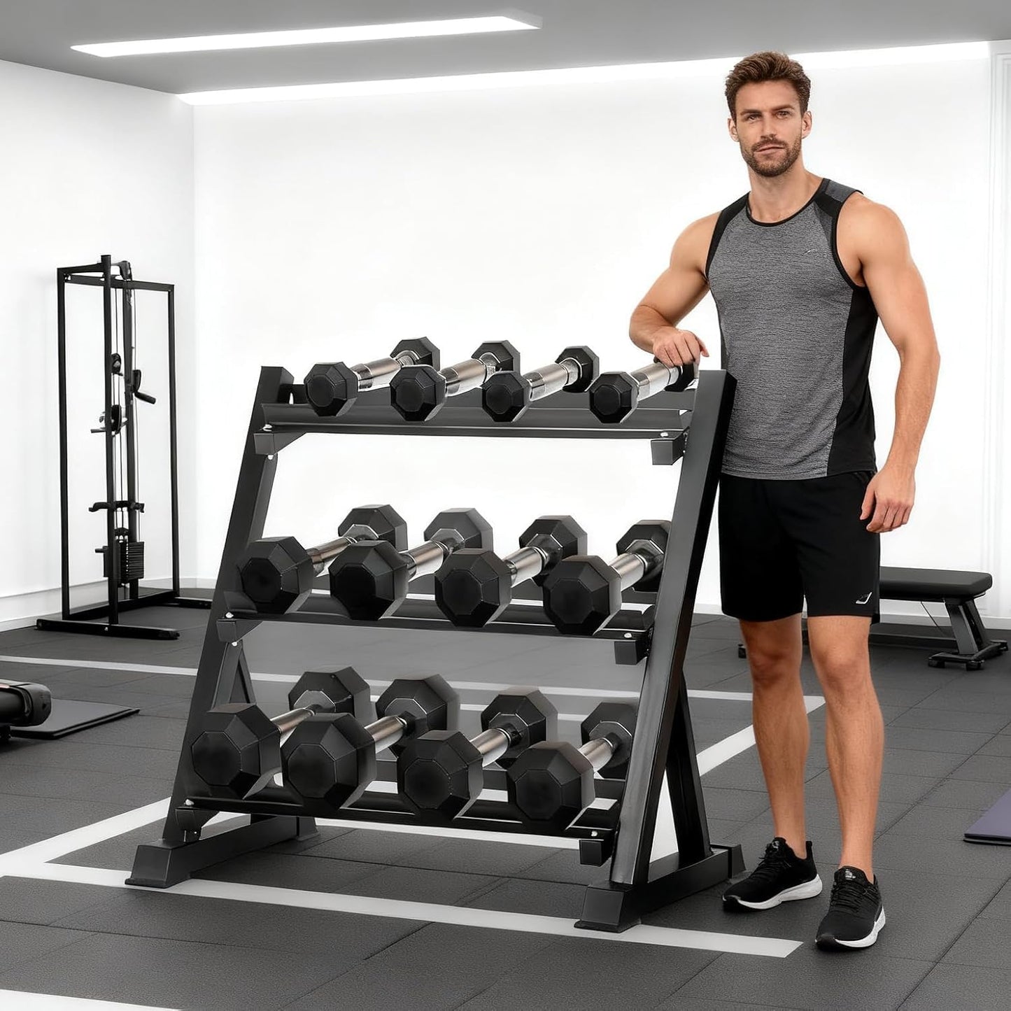 Rubber Coated Hex Dumbbell Set with Rack | Hex Rubber Coated Dumbbells Weight Range 5-50 Lbs Available in 350LB 450LB 550LB Capacity Sets for Strength Training