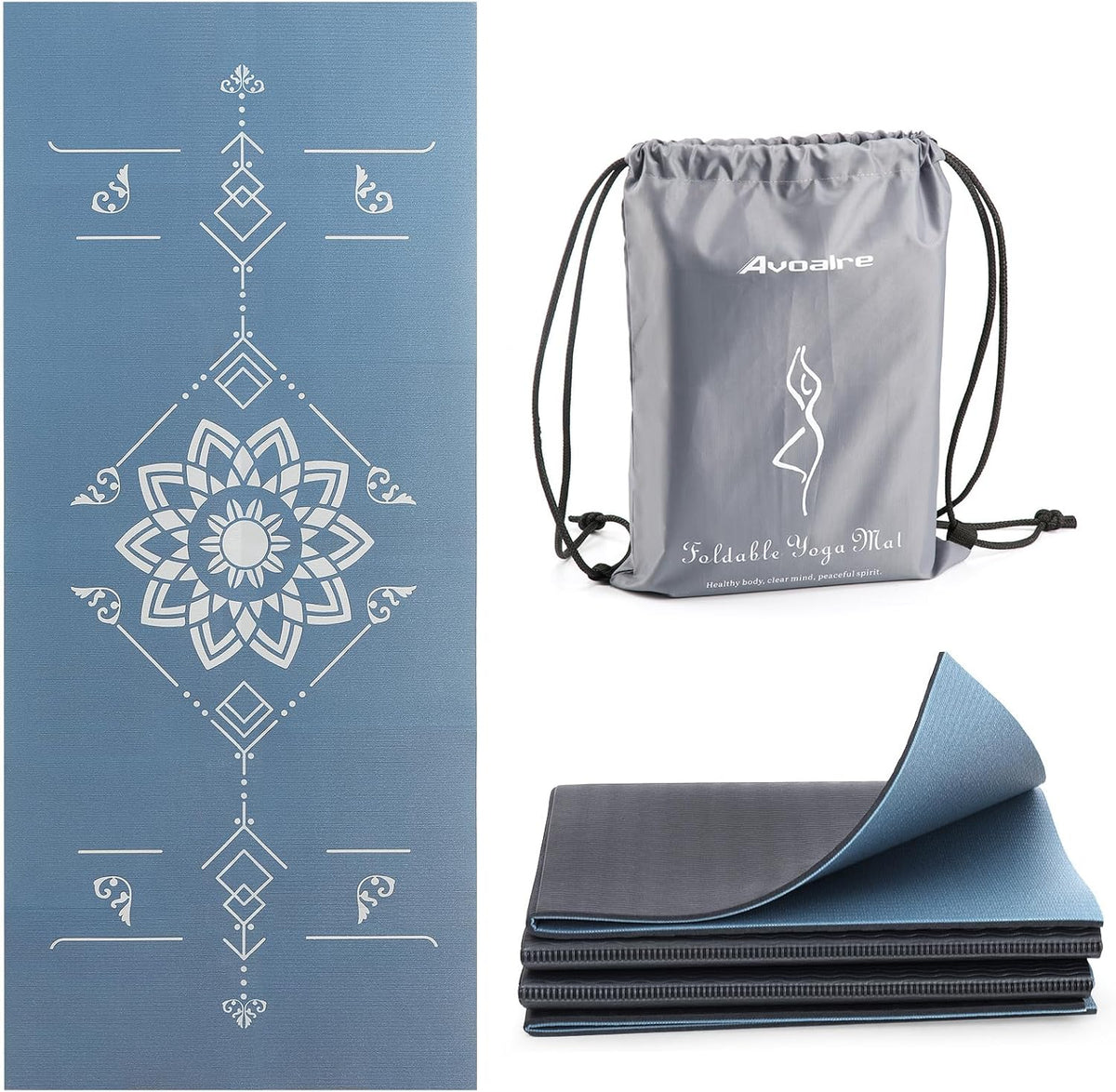 Folding Yoga Mat, Eco-Friendly PVC Travel Yoga Mat Packable, Double Sided Non-Slip Printed Yoga Mats with Bag for Home Workout Gym Exercise Fitness Pilates Stretching (72" x 32" x 0.24" Thick)