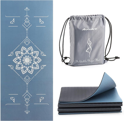 Folding Yoga Mat, Eco-Friendly PVC Travel Yoga Mat Packable, Double Sided Non-Slip Printed Yoga Mats with Bag for Home Workout Gym Exercise Fitness Pilates Stretching (72" x 32" x 0.24" Thick)