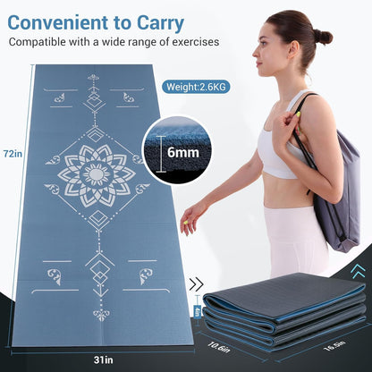 Folding Yoga Mat, Eco-Friendly PVC Travel Yoga Mat Packable, Double Sided Non-Slip Printed Yoga Mats with Bag for Home Workout Gym Exercise Fitness Pilates Stretching (72" x 32" x 0.24" Thick)