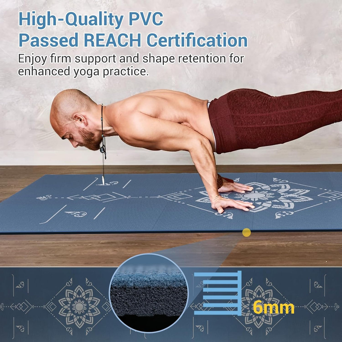 Folding Yoga Mat, Eco-Friendly PVC Travel Yoga Mat Packable, Double Sided Non-Slip Printed Yoga Mats with Bag for Home Workout Gym Exercise Fitness Pilates Stretching (72" x 32" x 0.24" Thick)