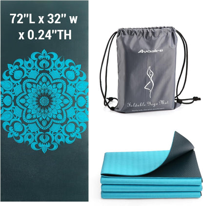 Folding Yoga Mat, Eco-Friendly PVC Travel Yoga Mat Packable, Double Sided Non-Slip Printed Yoga Mats with Bag for Home Workout Gym Exercise Fitness Pilates Stretching (72" x 32" x 0.24" Thick)