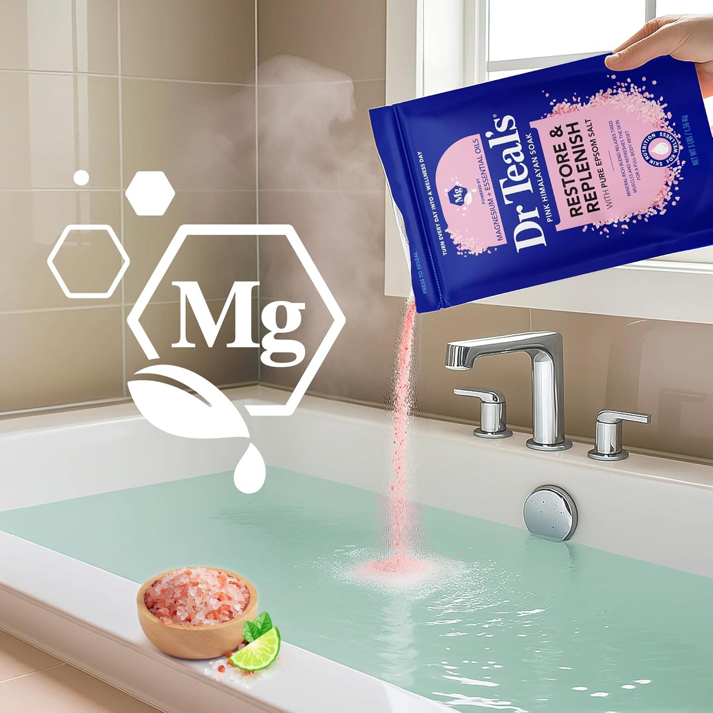Epsom Salt Magnesium Soak, Restore & Replenish with Pink Himalayan Salt, 3 lbs