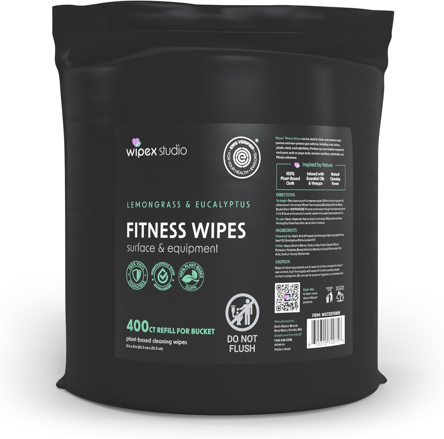 Fitness Wipes Bucket Refill Roll - EWG Verified - Plant-based Fitness Equipment Wipes, Lemongrass, Eucalyptus & Vinegar to Clean Surfaces, Yoga Mat & Gym Cleaner and Peloton Bikes, 400 Count