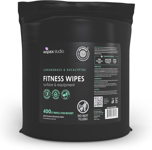 Fitness Wipes Bucket Refill Roll - EWG Verified - Plant-based Fitness Equipment Wipes, Lemongrass, Eucalyptus & Vinegar to Clean Surfaces, Yoga Mat & Gym Cleaner and Peloton Bikes, 400 Count