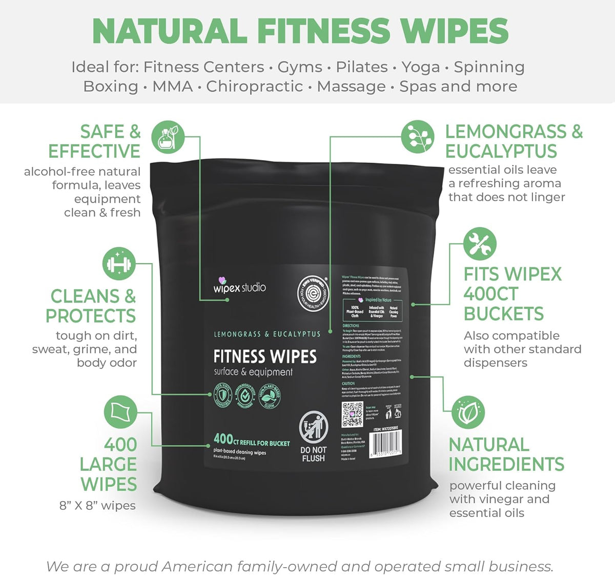 Fitness Wipes Bucket Refill Roll - EWG Verified - Plant-based Fitness Equipment Wipes, Lemongrass, Eucalyptus & Vinegar to Clean Surfaces, Yoga Mat & Gym Cleaner and Peloton Bikes, 400 Count