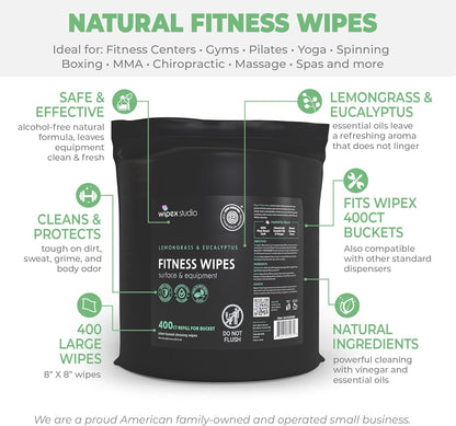 Fitness Wipes Bucket Refill Roll - EWG Verified - Plant-based Fitness Equipment Wipes, Lemongrass, Eucalyptus & Vinegar to Clean Surfaces, Yoga Mat & Gym Cleaner and Peloton Bikes, 400 Count