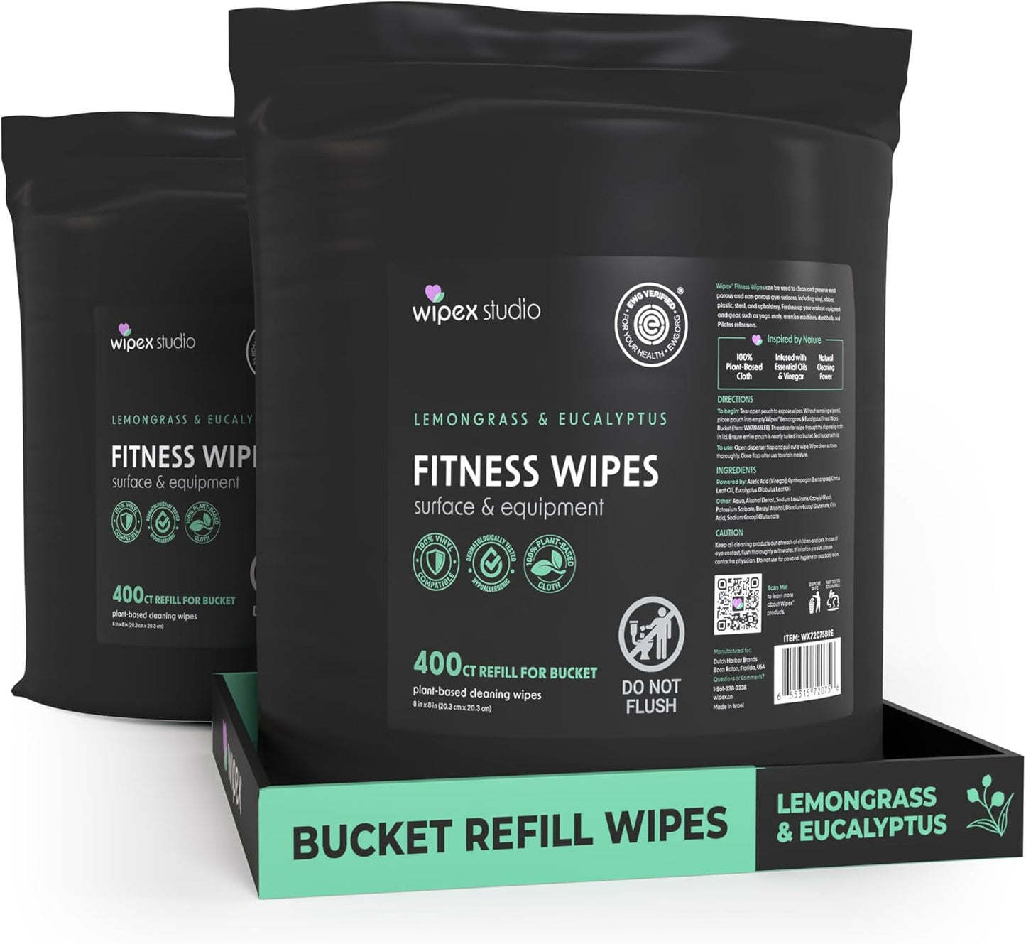Fitness Wipes Bucket Refill Roll - EWG Verified - Plant-based Fitness Equipment Wipes, Lemongrass, Eucalyptus & Vinegar to Clean Surfaces, Yoga Mat & Gym Cleaner and Peloton Bikes, 400 Count